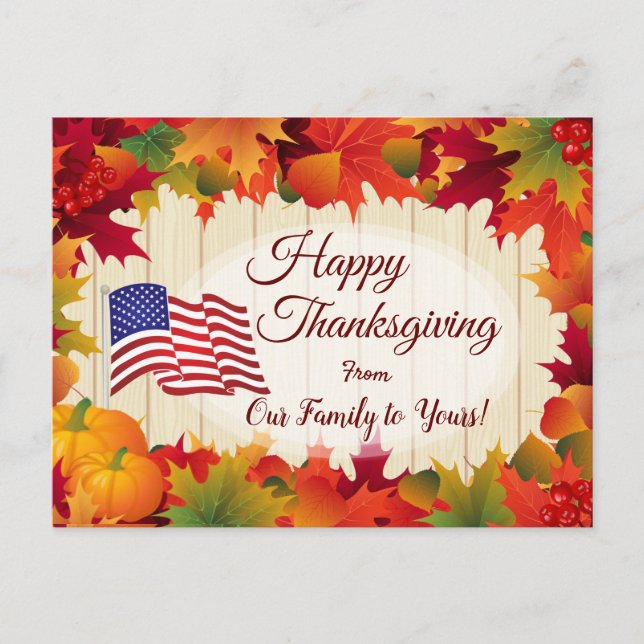 Fall Leaves and US Flag Family Thanksgiving Holiday Postcard (Front)