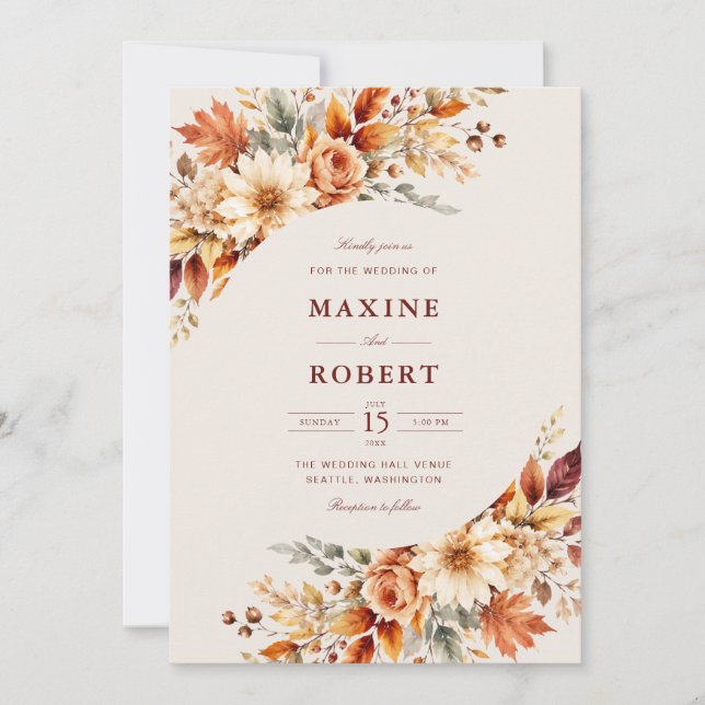 Fall Leaves Autumn Botanical QR Code Photo Wedding Invitation (Front)