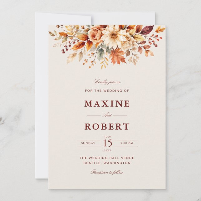 Fall Leaves Autumn Botanical QR Code Photo Wedding Invitation (Front)