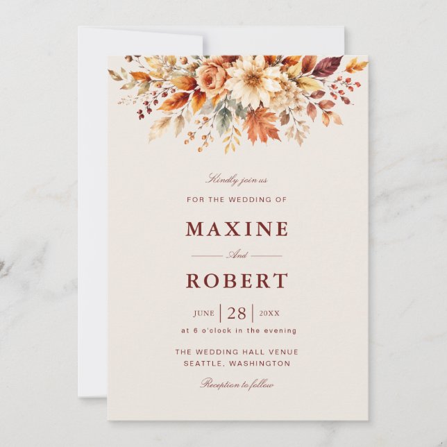 Fall Leaves Autumn Botanical QR Code Photo Wedding Invitation (Front)