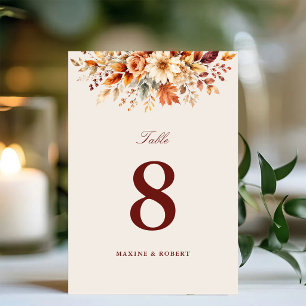 Fall Leaves Autumn Botanical Watercolor Wedding Table Number