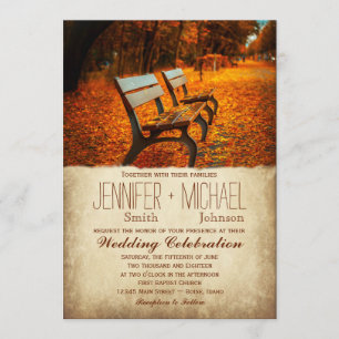 Fall Leaves Autumn Park Bench Wedding Invitations