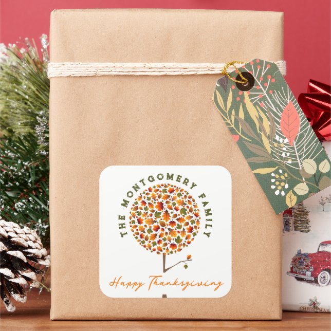 Fall Leaves Autumn Pop Tree Happy Thanksgiving Square Sticker (Holiday)