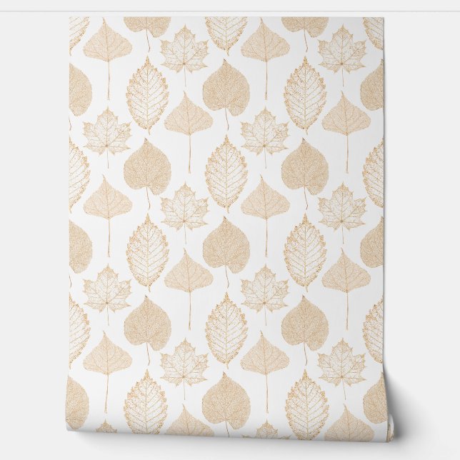 Fall Leaves Beige White Wallpaper (Unrolling)