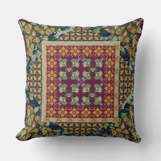 Fall Leaves,  Berries | Paisley Faux Quilt Squares Cushion (Front)