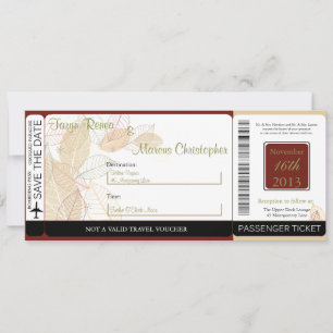 Fall Leaves Boarding Pass Linen Wedding Invitation