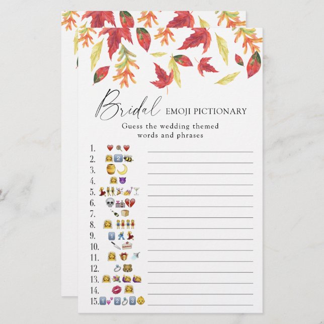 Fall leaves - bridal shower emoji pictionary game (Front/Back)