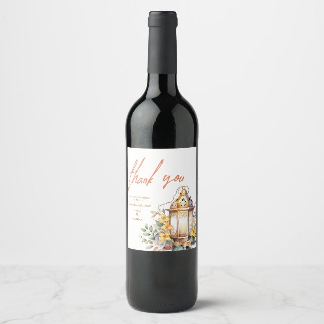 Fall Leaves Bride Groom Thank You Wedding Favour Wine Label (Front)