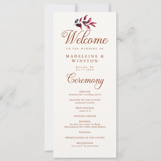 Fall Leaves Burgundy Elegant Chic Wedding Program (Front)