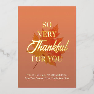 Fall Leaves Burnt Orange Thankful Thanksgiving Foil Holiday Card