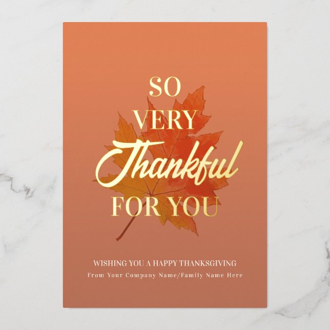 Fall Leaves Burnt Orange Thankful Thanksgiving Foil Holiday Card (Front)