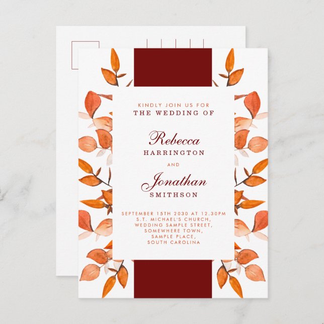 Fall Leaves Burnt Orange Wedding Invitation Postcard (Front/Back)