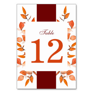 Fall Leaves Burnt Orange Wedding Reception  Table Number