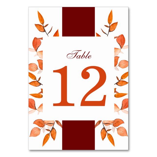 Fall Leaves Burnt Orange Wedding Reception  Table Number (Front)