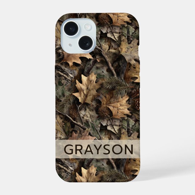 Fall Leaves Camouflage Personalised iPhone 15 Case (Back)