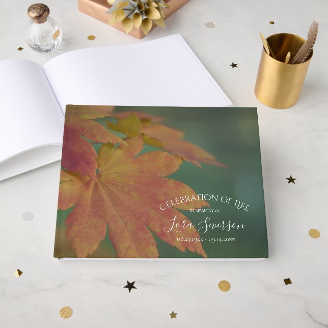 Fall Leaves Celebration of Life Memorial Guest Book (Front Open)