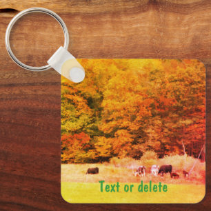 Fall Leaves Cows Field Nature Personalised Key Ring