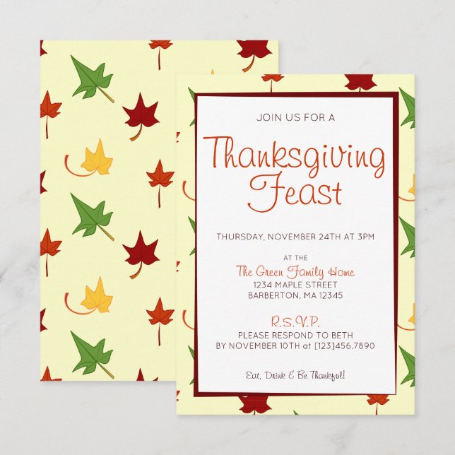 Fall Leaves:  Customised Thanksgiving Invitation (Front/Back)