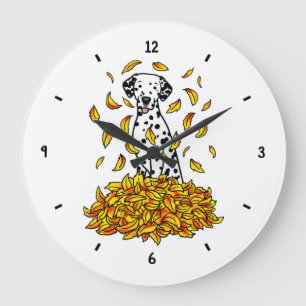 Fall Leaves Dalmatian (black 1) Dog Playing Cute Large Clock