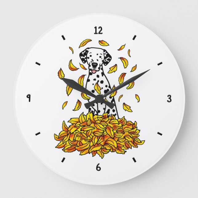 Fall Leaves Dalmatian (black 1) Dog Playing Cute Large Clock (Front)