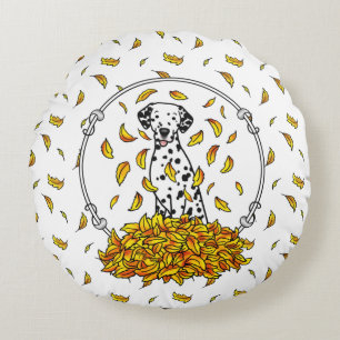 Fall Leaves Dalmatian (black 1) Dog Playing Cute Round Cushion