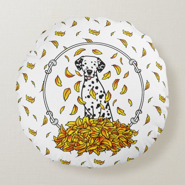Fall Leaves Dalmatian (black 1) Dog Playing Cute Round Cushion (Front)