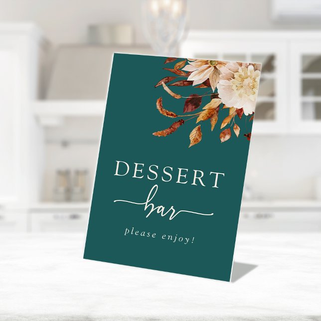 Fall Leaves Dessert Bar Pedestal Sign (Watercolor Fall Leaves Floral Teal Dessert Bar Pedestal Sign by Painted Paperie
)