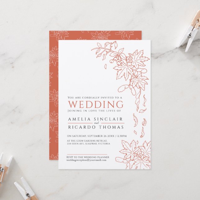 Fall leaves drawing burnt orange wedding invitation (Front/Back In Situ)