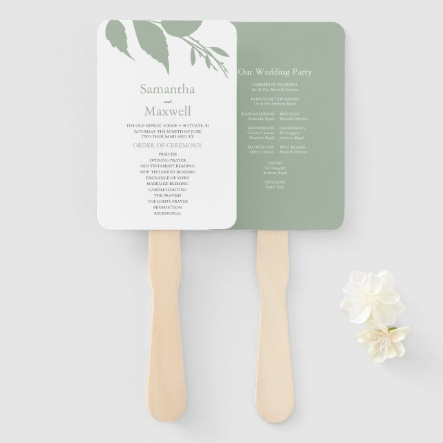 Fall Leaves Dusty Green Wedding Hand Fan (Front and Back)