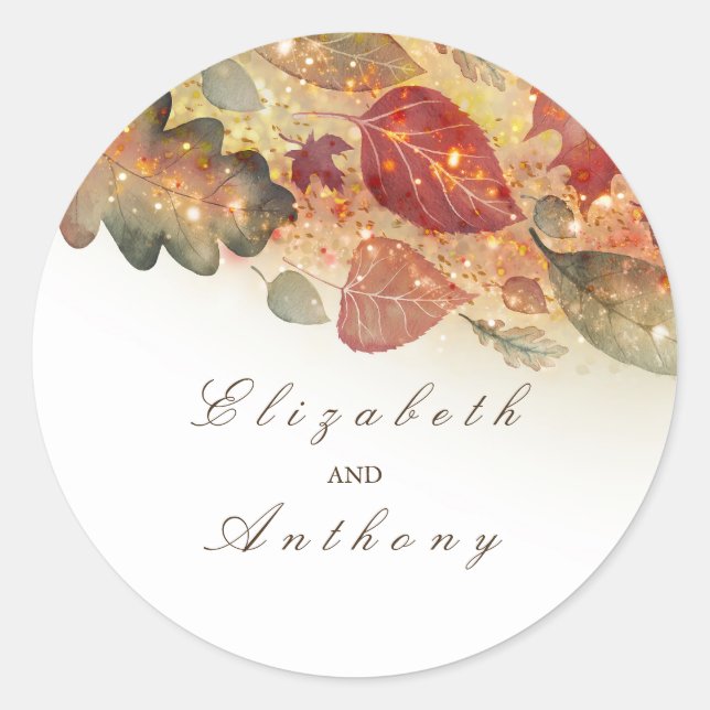 Fall Leaves Elegant Wedding Classic Round Sticker (Front)