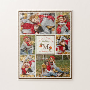 Fall Leaves Family Monogram 6 Photo Thanksgiving Jigsaw Puzzle