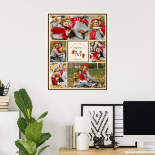 Fall Leaves Family Monogram 6 Photo Thanksgiving Poster