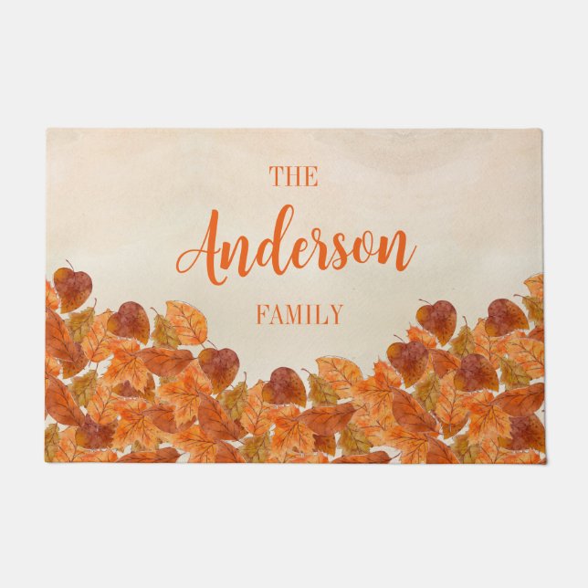 Fall Leaves Family Name Welcome Door Mat (Front)