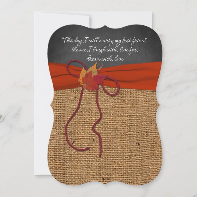 Fall Leaves FAUX Burlap, Chalkboard Wedding Invite (Front)