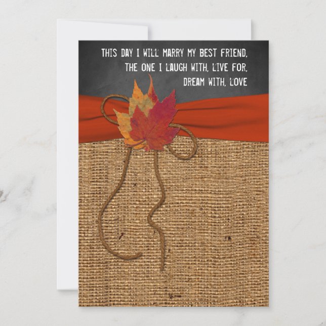 Fall Leaves FAUX Burlap, Chalkboard Wedding Invite (Front)