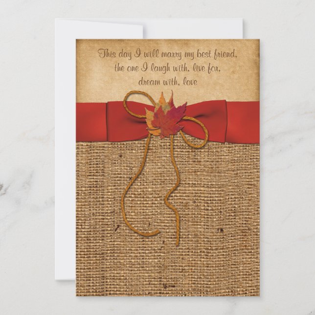 Fall Leaves FAUX Burlap, Wedding Invite - Orange (Front)