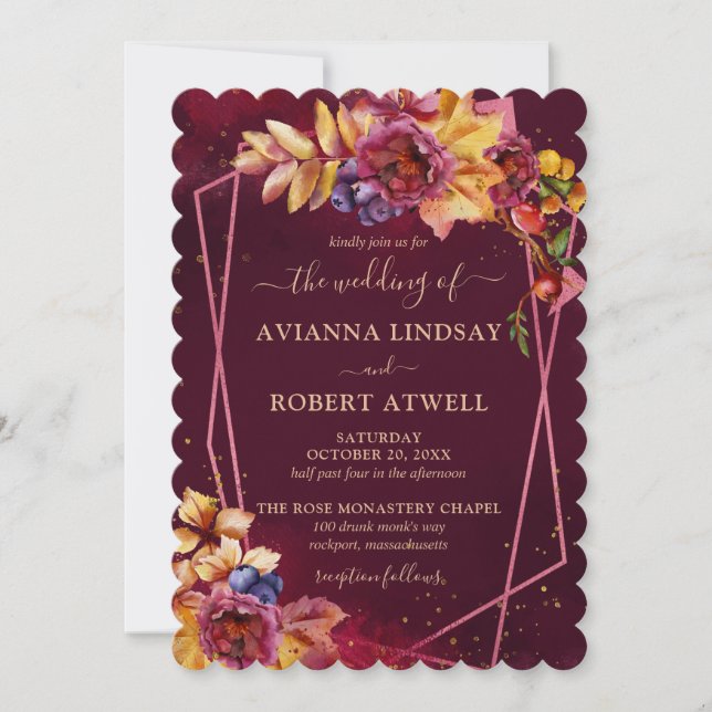 Fall Leaves Flowers and Berries Burgundy Wedding Invitation (Front)