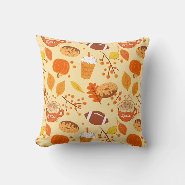 Fall Leaves Football and Pumpkin Spice Pattern Cushion (Front)