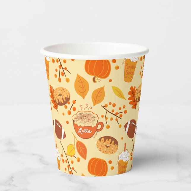 Fall Leaves Football and Pumpkin Spice Pattern Paper Cups (Front)