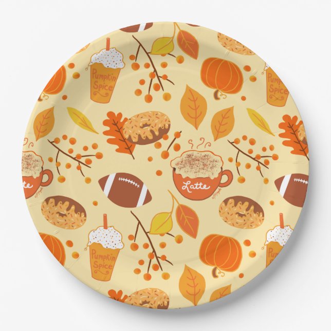 Fall Leaves Football and Pumpkin Spice Pattern Paper Plate (Front)