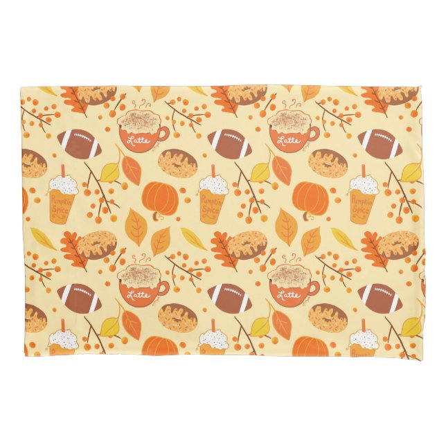 Fall Leaves Football and Pumpkin Spice Pattern Pillowcase (Front)