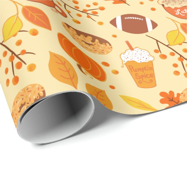 Fall Leaves Football and Pumpkin Spice Pattern Wrapping Paper (Roll Corner)