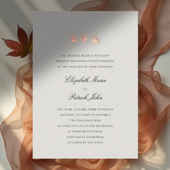Fall Leaves Formal Modern Classic Ecru Wedding (fall leaves wedding invitation formal modern classic black tie autumn botanical gold foil ecru)