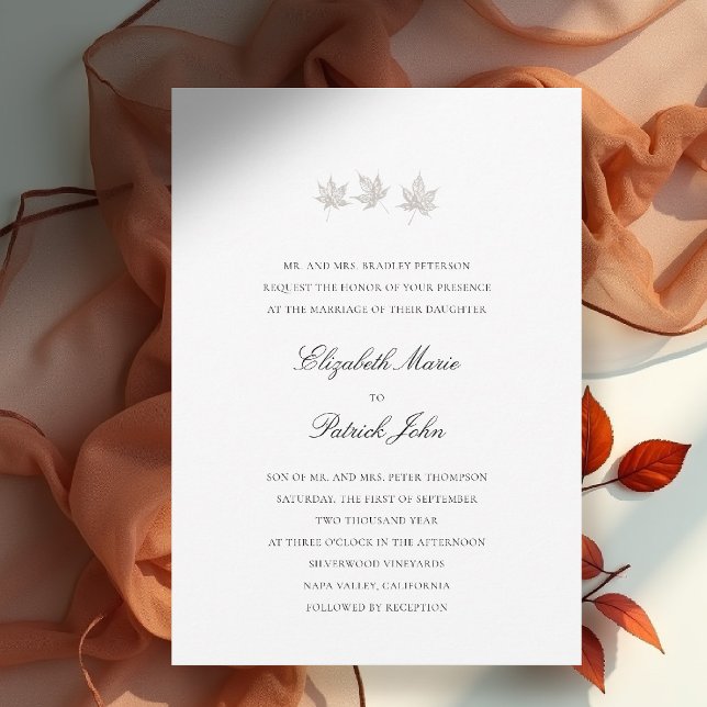 Fall Leaves Formal Modern Classic White Wedding Invitation (fall leaves wedding invitation formal modern classic black tie autumn botanical elegant white)