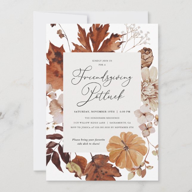 Fall Leaves Friendsgiving Potluck Thanksgiving Invitation (Front)