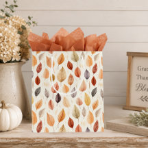 Fall Leaves Gift Bag in Rust Brown Cream & Grey
