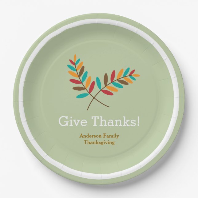 Fall Leaves Give Thanks, Personalised Thanksgiving Paper Plate (Front)
