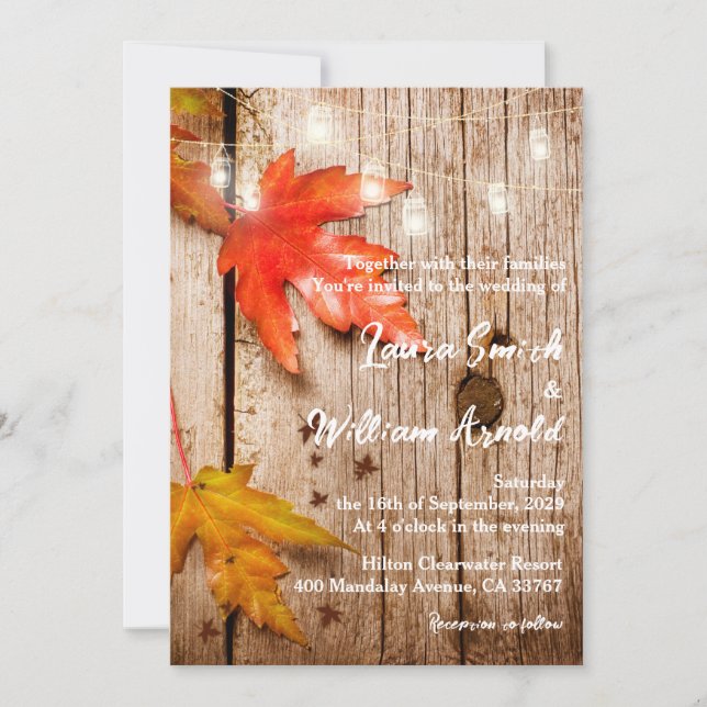 Fall Leaves & Glowing Mason Jars Rustic Wedding Invitation (Front)