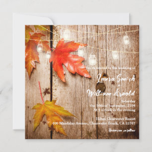 Fall Leaves Glowing Mason Jars Rustic Wood Wedding Invitation