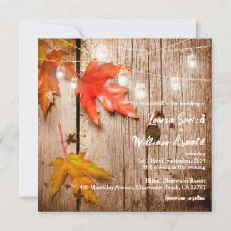 Fall Leaves Glowing Mason Jars Rustic Wood Wedding Invitation